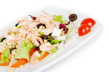 vegetable salad with shrimp on white background