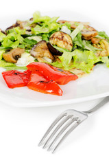 beef salad with grilled vegetables on white background