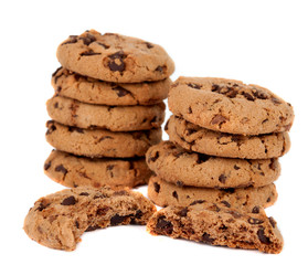 Pile of chocolate chip cookies isolated