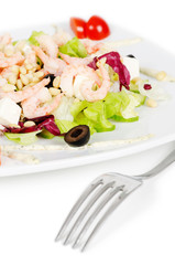 vegetable salad with shrimp on white background