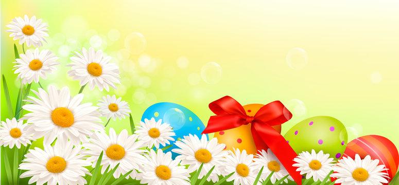 Easter background with eggs and spring flowers