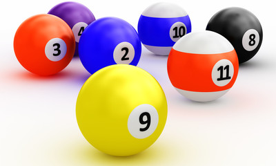 Colorful pool balls over white