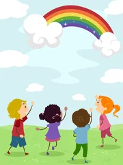 Door stickers Rainbow Kids Admiring a Rainbow