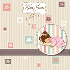 baby shower card with little baby girl play with her teddy bear