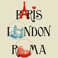 Paris, London, Roma lettering
