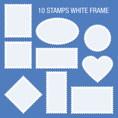 10 Blank Stamps White Frame Blue Background