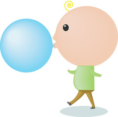 A big-headed boy is blowing a bubble gum