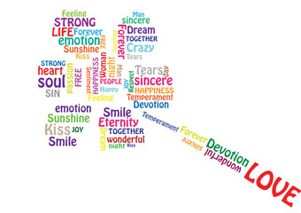 Love flower. Collage with association terms on white background