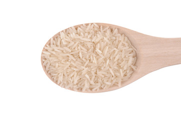 Rice on the spoon isolated on the white background