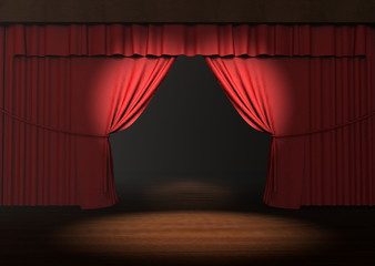 3d red stage curtain with spotlight on stage