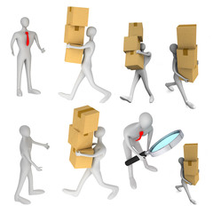 set of images with 3d man delivering a a parcel to another 3d ma