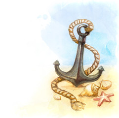 Watercolor illustration of anchor and shell © Aleksandra Smirnova