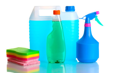 canister with liquid and detergent bottles isolated on white