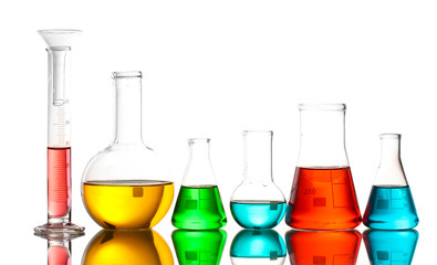 Different laboratory glassware with color liquid and with