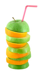 Fototapeta na wymiar Stack of apple and orange slices with straw