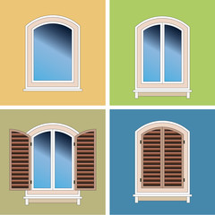 Four classical types of arched windows over stucco background