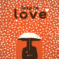 Men under umbrella on hearts shapes rainy background vector