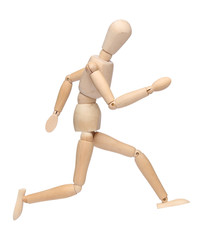 wood mannequin running over white