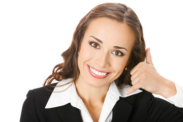 Businesswoman with call me gesture, on white