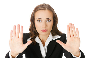 Businesswoman with stop gesture, on white