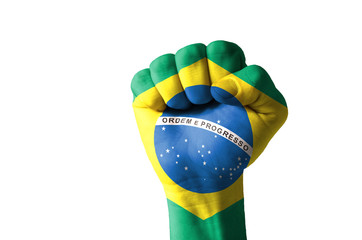 Fist painted in colors of brazil flag