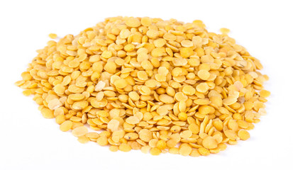 Yellow lentils isolated on white background.Macro shot