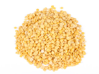 Yellow lentils isolated on white background.Macro shot