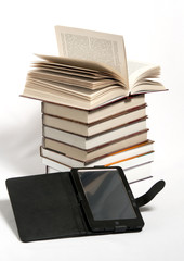 books and e-book on a white background