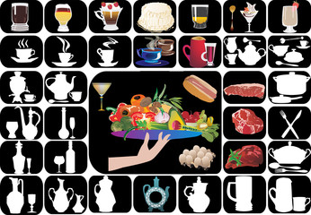 dishware and food on black background