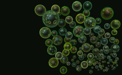 3d render abstract backdrop in transparent glossy green bubble