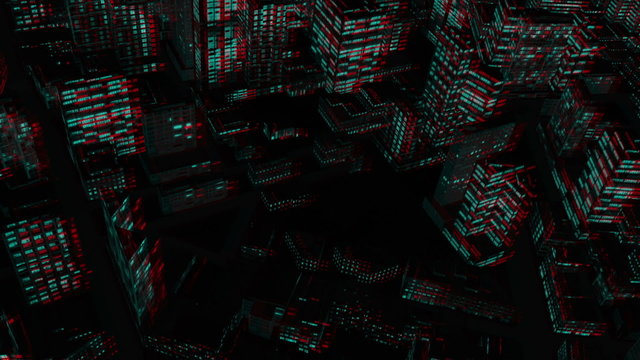 Flying above City at Night, Stereoscopic 3D