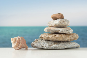 Pebbles and seashell and ocean scene