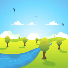 Obraz premium Spring Or Summer River And Flying Swallows
