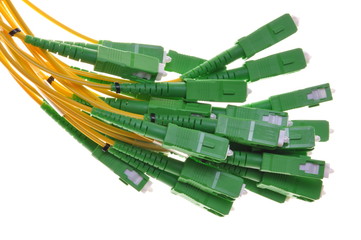 Bundle of fiber optic cable with green plugs SC