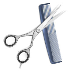 Scissors and comb for hair - obrazy, fototapety, plakaty