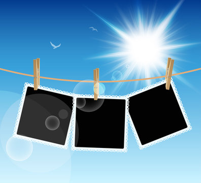 Hanging Pictures on blue sky background. Vector illustration.