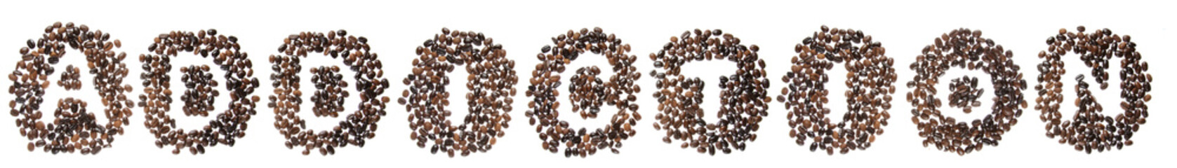 Coffe beans used to spell the word addiction
