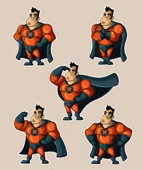 Abwaschbare Fototapete Superhelden Superheld im Anzug mit Umhang in verschiedenen Posen