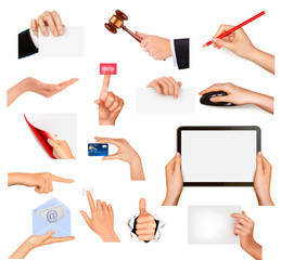 Set of hands holding different business objects.