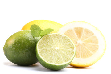 Fresh lime and lemon with mint isolated on white
