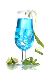 Blue cocktail in glasses with ice and sugar isolated on white