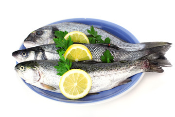 Fresh fishes with lemon and parsley on plate isolated on white