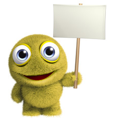 yellow toy holding banner