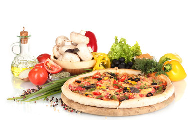delicious pizza, vegetables, spices and oil isolated on white