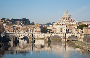 Fototapeta na wymiar Rome - Angels bridge and St. Peter s basilica in morning