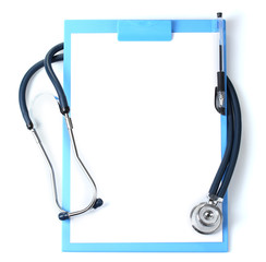 stethoscope and blue clipboard isolated on white