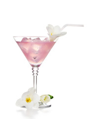 martini glass of cocktail with ice and flowers isolated on white
