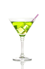 Yellow cocktail in martini glass isolated on white
