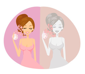 young woman spraying perfume on herself