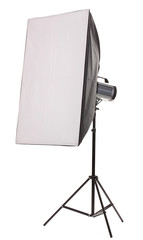 Studio flash with soft-box on white background